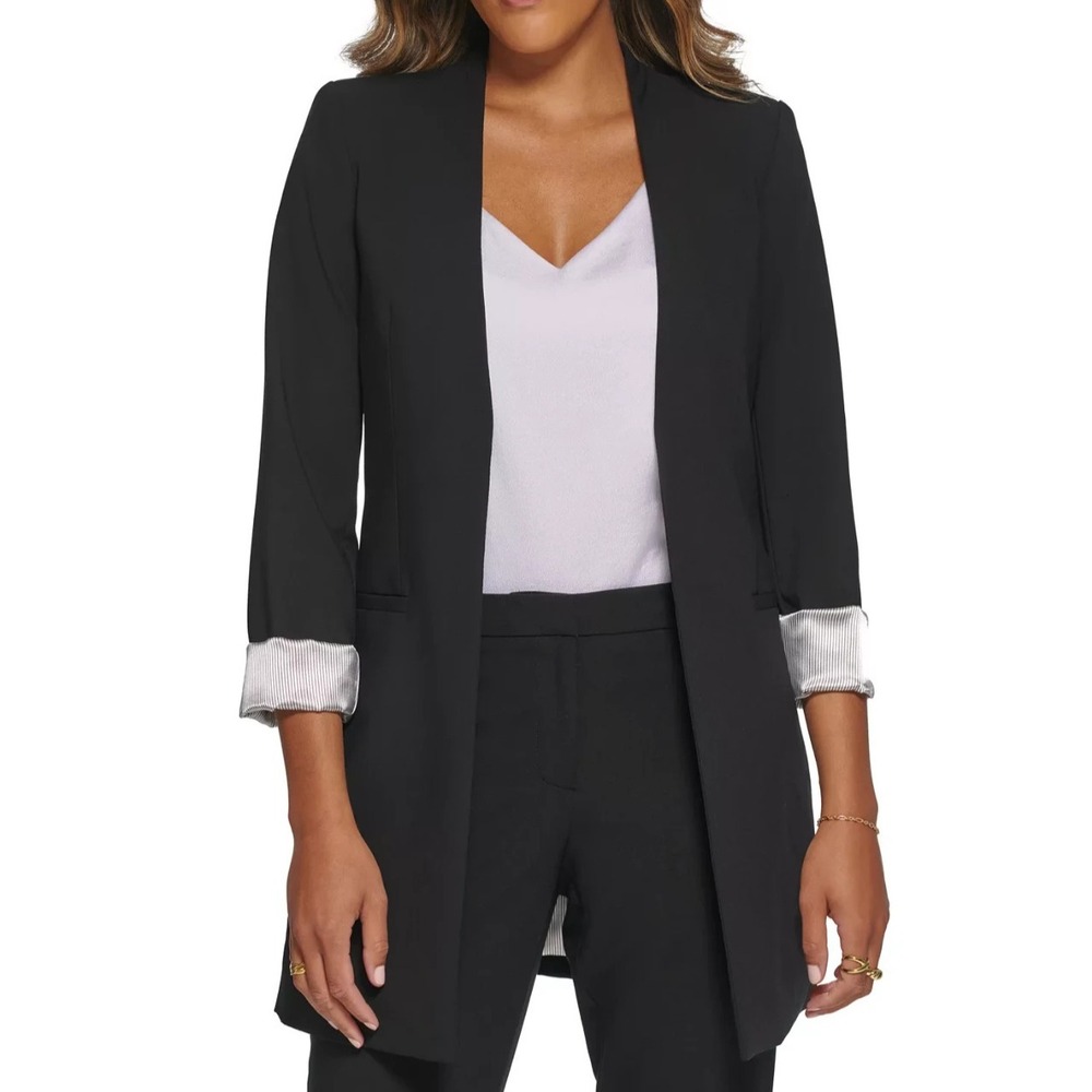 Calvin Klein Women's Blazer Open Front Roll Sleeve Collarless Size 12 Black - Picture 2 of 11